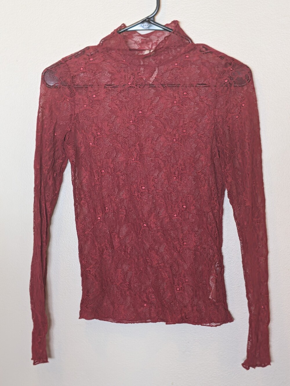 By Anthropologie Red Floral Lace Mock Neck Sheer Long Sleeve Top XS
